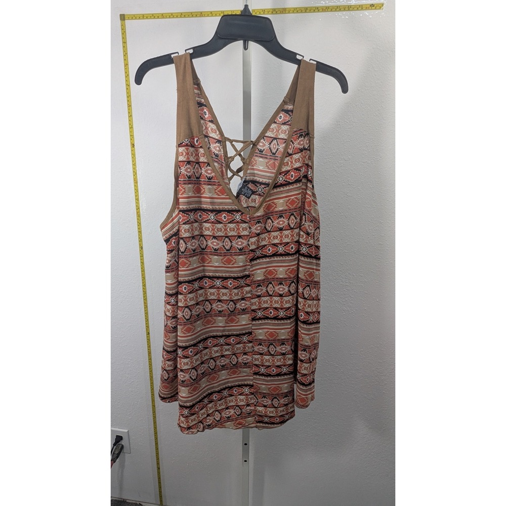 Belle Tweed Womens 3X Southwestern Tribal Print Tank Top Lace Up Back Orange Tan